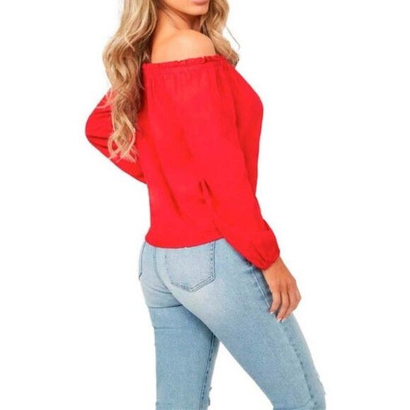 GUESS Off The Shoulder Linen Blend Top Sz Small Red - Picture 4 of 10